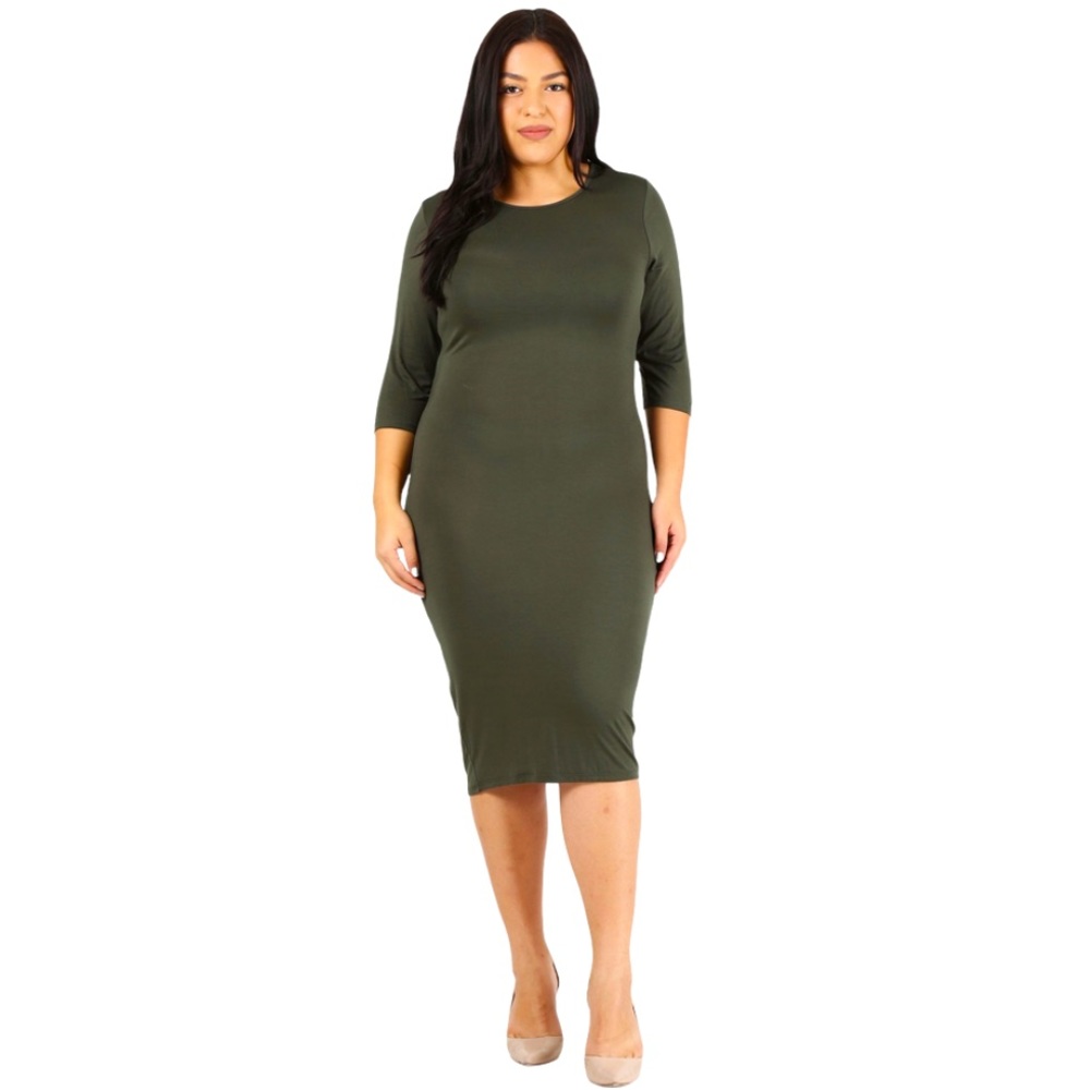 Olive Bodycon 3/4 Sleeve Midi Dress